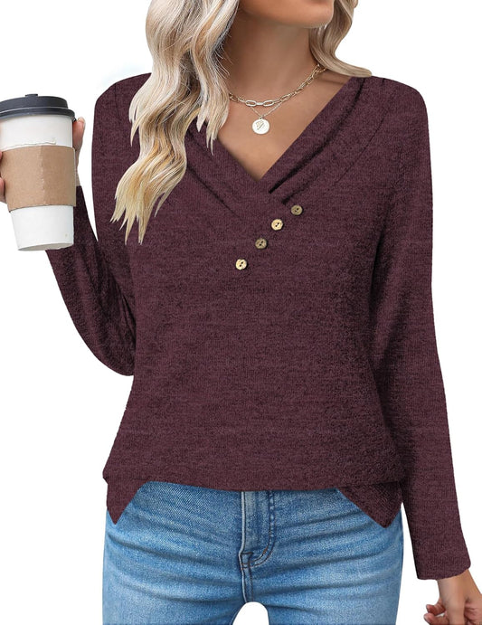 DUOEASE Camisetas de Manga Larga para Cuello en V Mujer Otoño Invierno Jersey Elegantes Básica Blusas