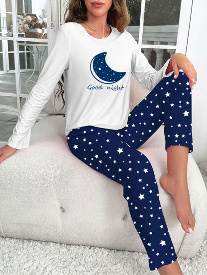 Pijama con estampado de estrellas, manga larga con cuello redondo y pantalones con cintura elástica