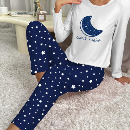 Pijama con estampado de estrellas, manga larga con cuello redondo y pantalones con cintura elástica
