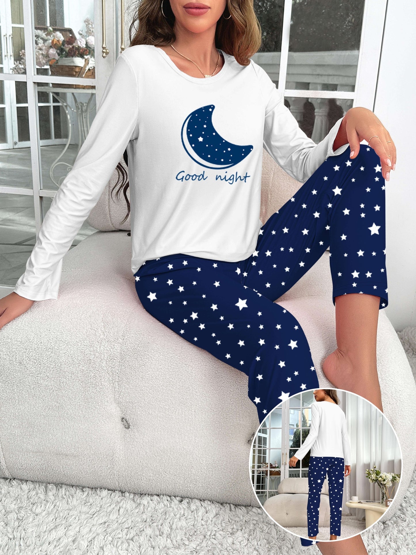 Pijama con estampado de estrellas, manga larga con cuello redondo y pantalones con cintura elástica