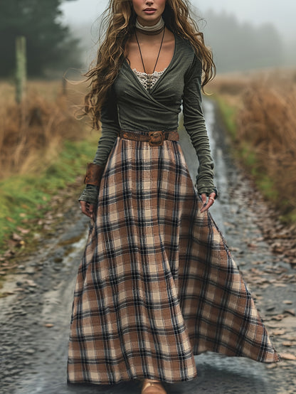 Falda larga de mujer con diseño de cuadros marrón y beige – Tejido fluido, elegante y versátil