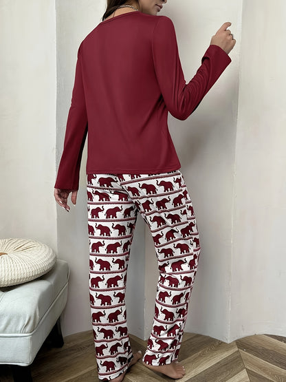 Pijama con estampado de elefante, manga larga con cuello redondo y pantalones.
