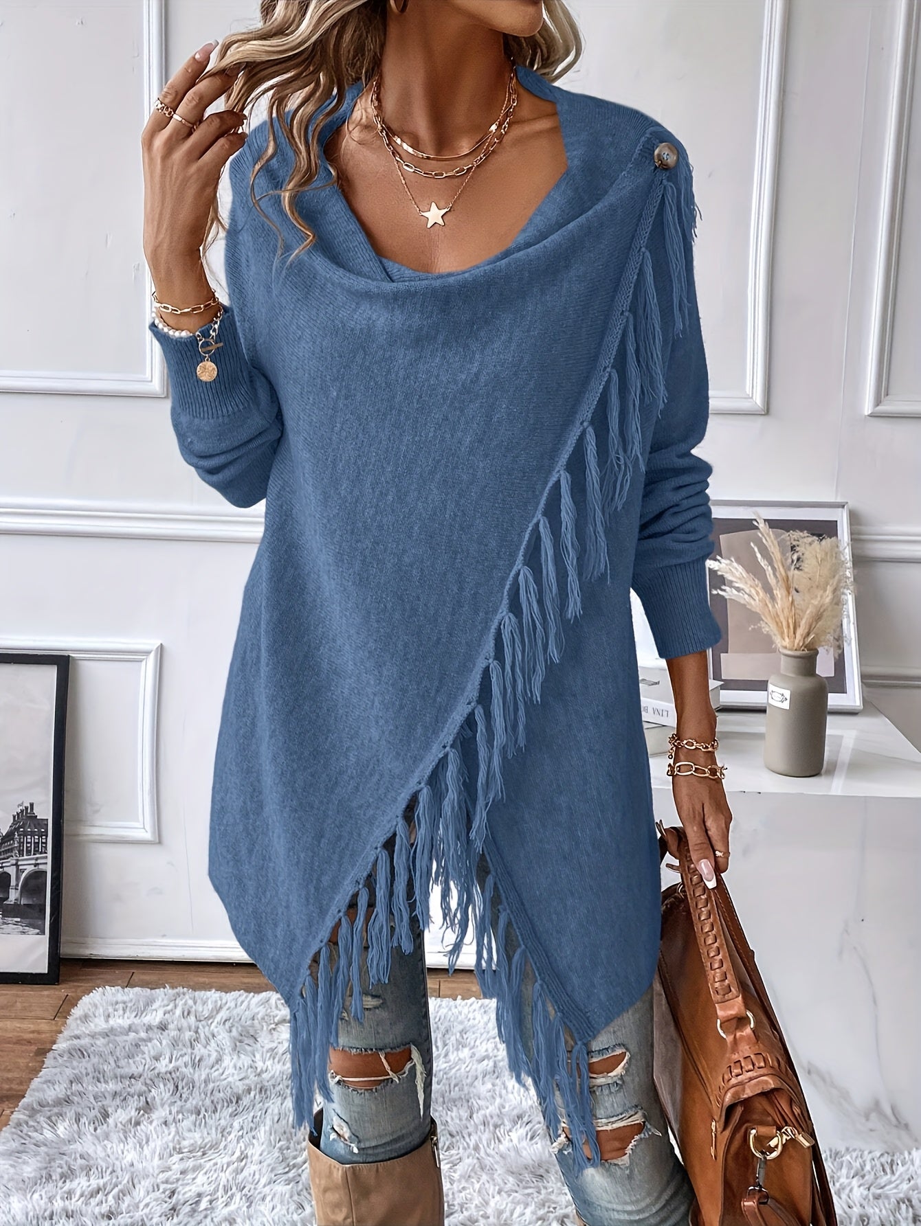 Chal decorativo con flecos y borlas – Cuello drapeado elegante