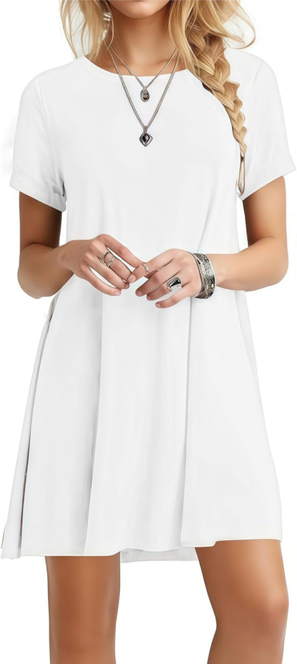 Zeagoo T Shirt Vestidos Señoras con Bolsillos Luz Airy Playa Vestido Cuello Redondo Manga Corta Rodilla Longitud Básica-Vestidos Ejército