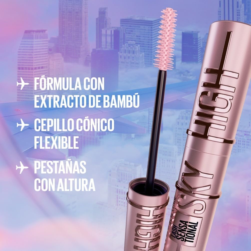 Maybelline New York, Máscara de Pestañas Lash Sensational Sky High con Cepillo Flexible y Extracto de Bambú, Volumen y Longitud Extrema para Pestañas Largas y Definidas, 7.2 ml, Tono 01, Negro