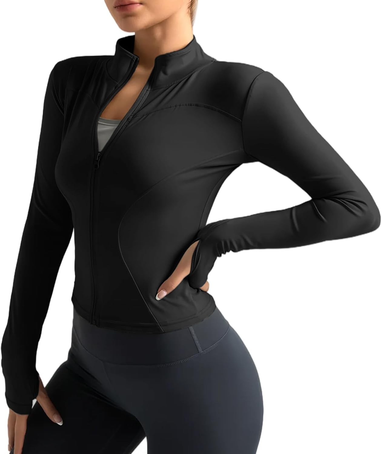 Neteson Camiseta Deportiva Mujer de Manga Larga Chaqueta Deporte Running Camisa de Correr Fitness Yoga Ropa Top con Cremallera y Agujeros para el Pulgar