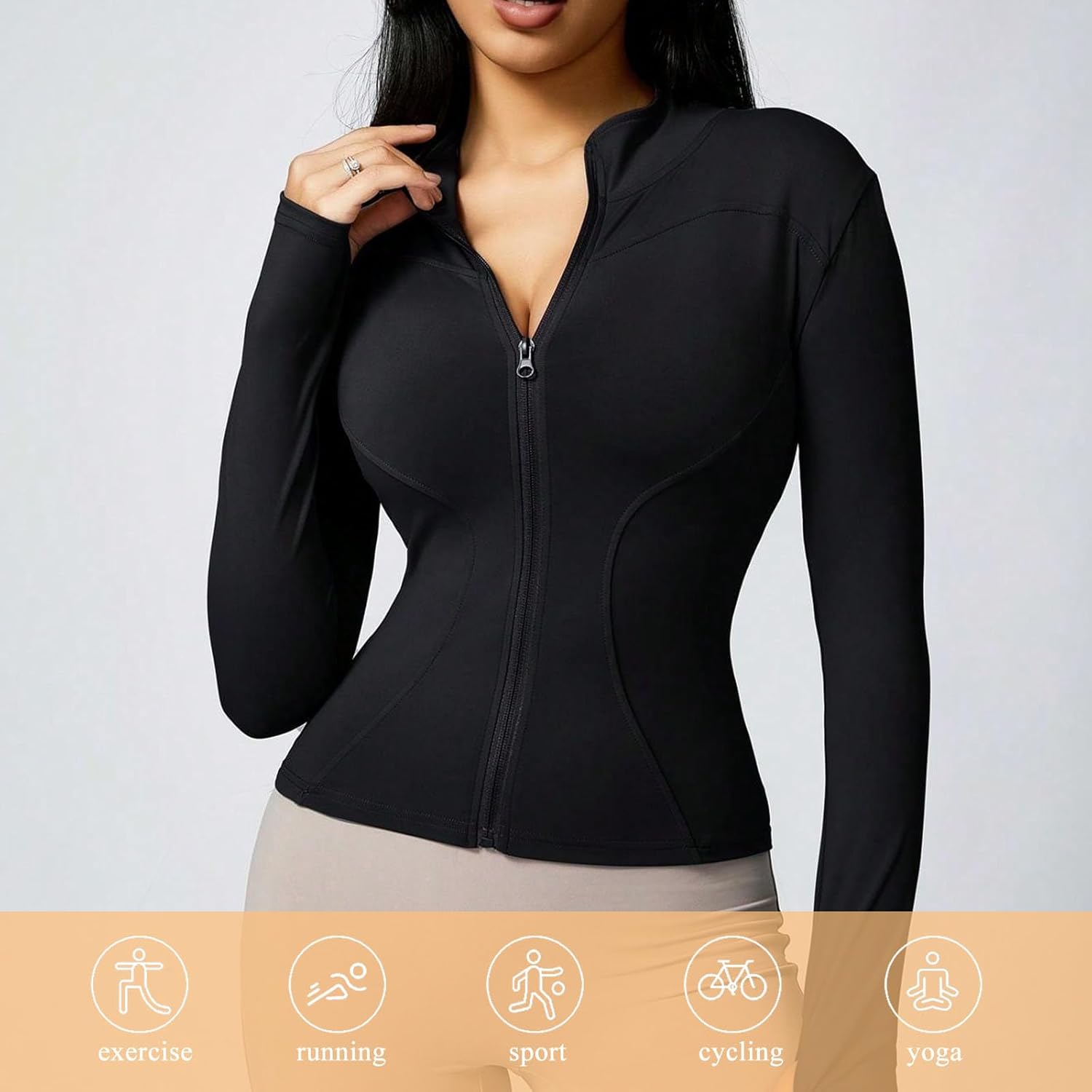 Neteson Camiseta Deportiva Mujer de Manga Larga Chaqueta Deporte Running Camisa de Correr Fitness Yoga Ropa Top con Cremallera y Agujeros para el Pulgar