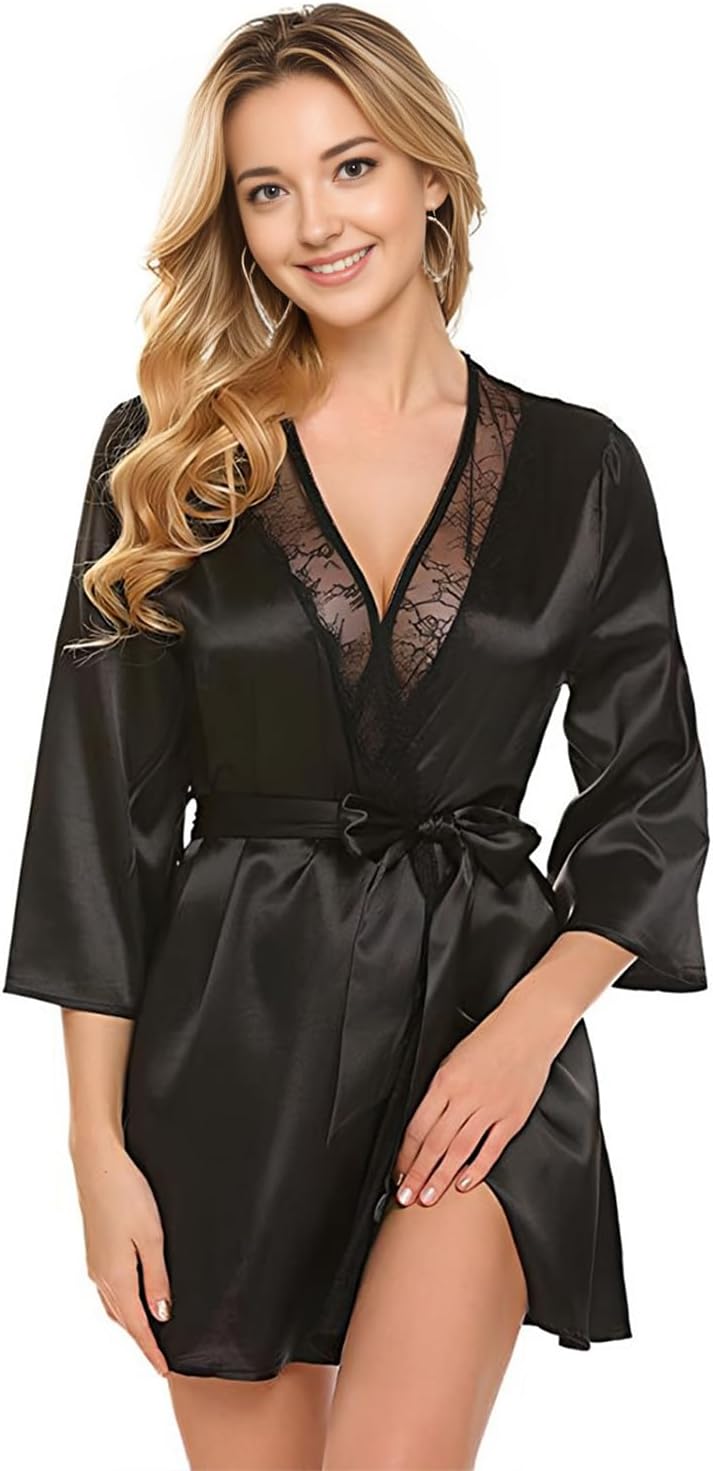 Amexo Bata Seda Mujer, Bata de Mujer de Satén Sexy Albornoces para Mujer Bata Kimono Corto Satén Ropa de Dormir para Estar en Casa