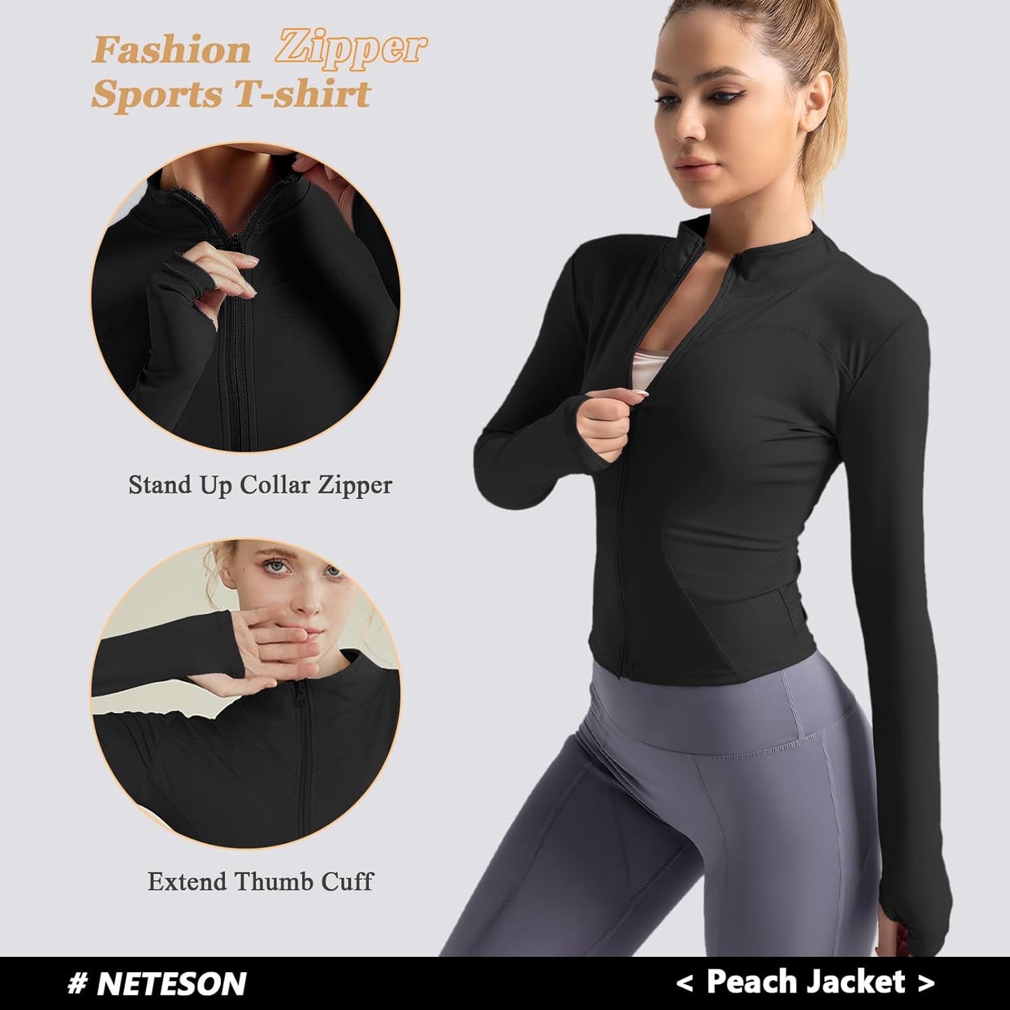 Neteson Camiseta Deportiva Mujer de Manga Larga Chaqueta Deporte Running Camisa de Correr Fitness Yoga Ropa Top con Cremallera y Agujeros para el Pulgar