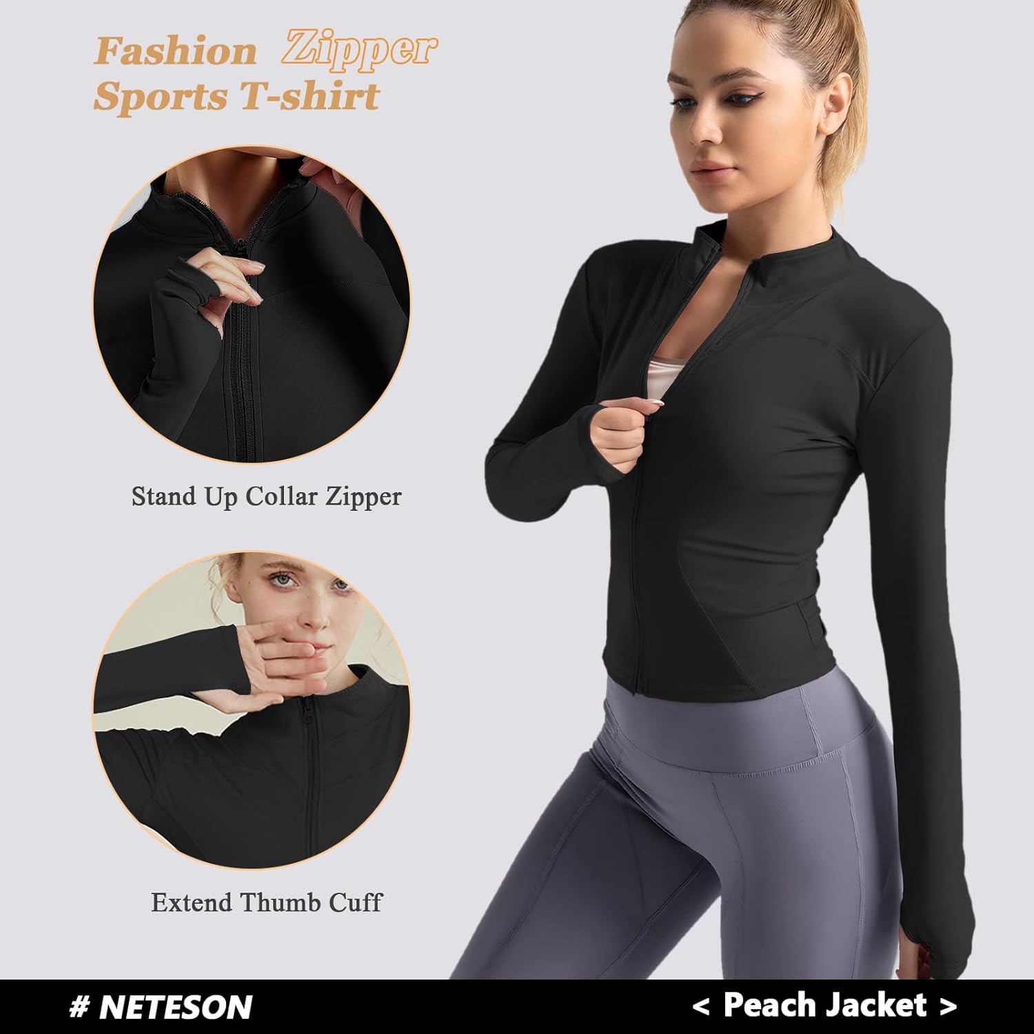 Neteson Camiseta Deportiva Mujer de Manga Larga Chaqueta Deporte Running Camisa de Correr Fitness Yoga Ropa Top con Cremallera y Agujeros para el Pulgar