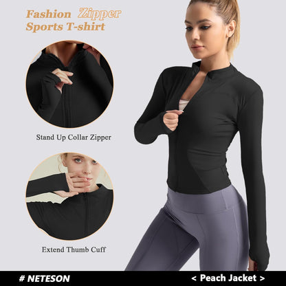 Neteson Camiseta Deportiva Mujer de Manga Larga Chaqueta Deporte Running Camisa de Correr Fitness Yoga Ropa Top con Cremallera y Agujeros para el Pulgar