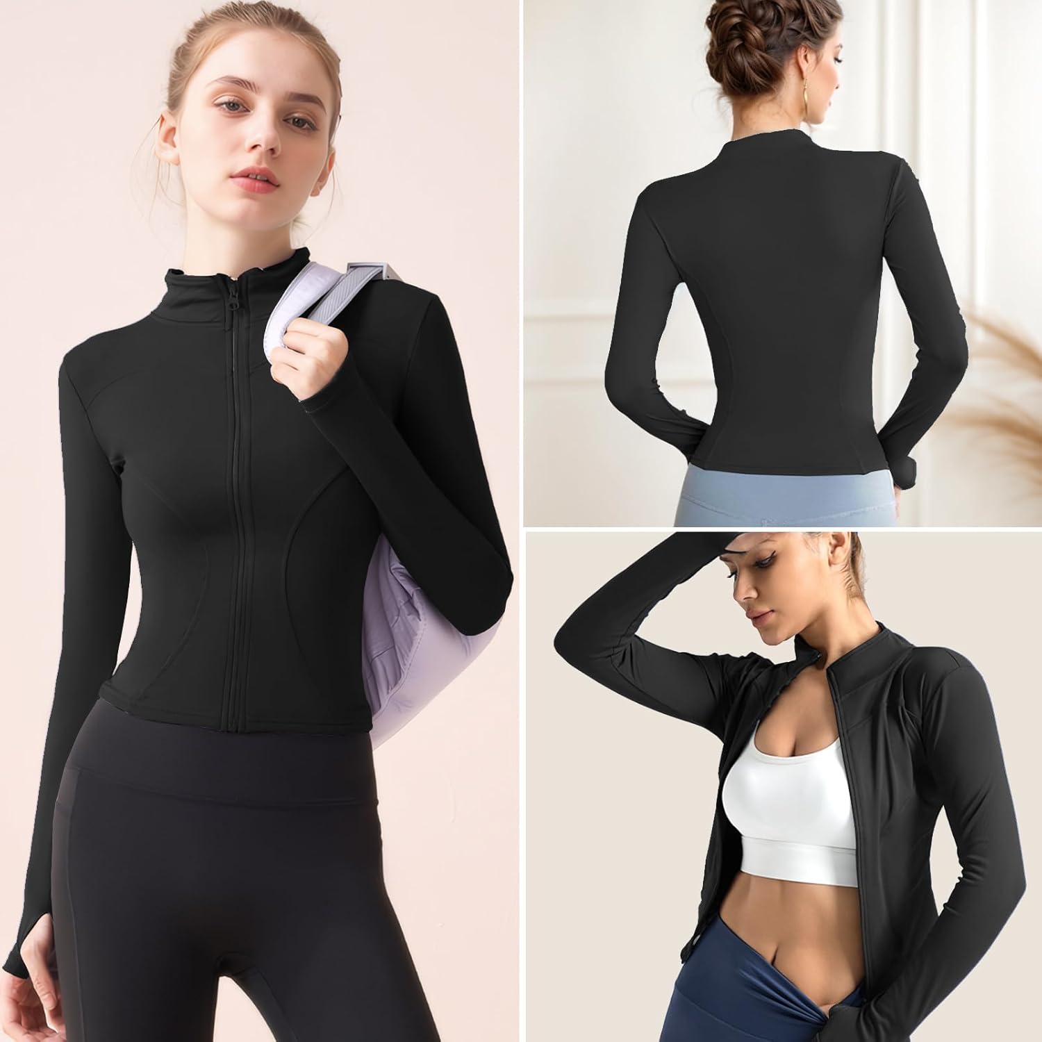 Neteson Camiseta Deportiva Mujer de Manga Larga Chaqueta Deporte Running Camisa de Correr Fitness Yoga Ropa Top con Cremallera y Agujeros para el Pulgar