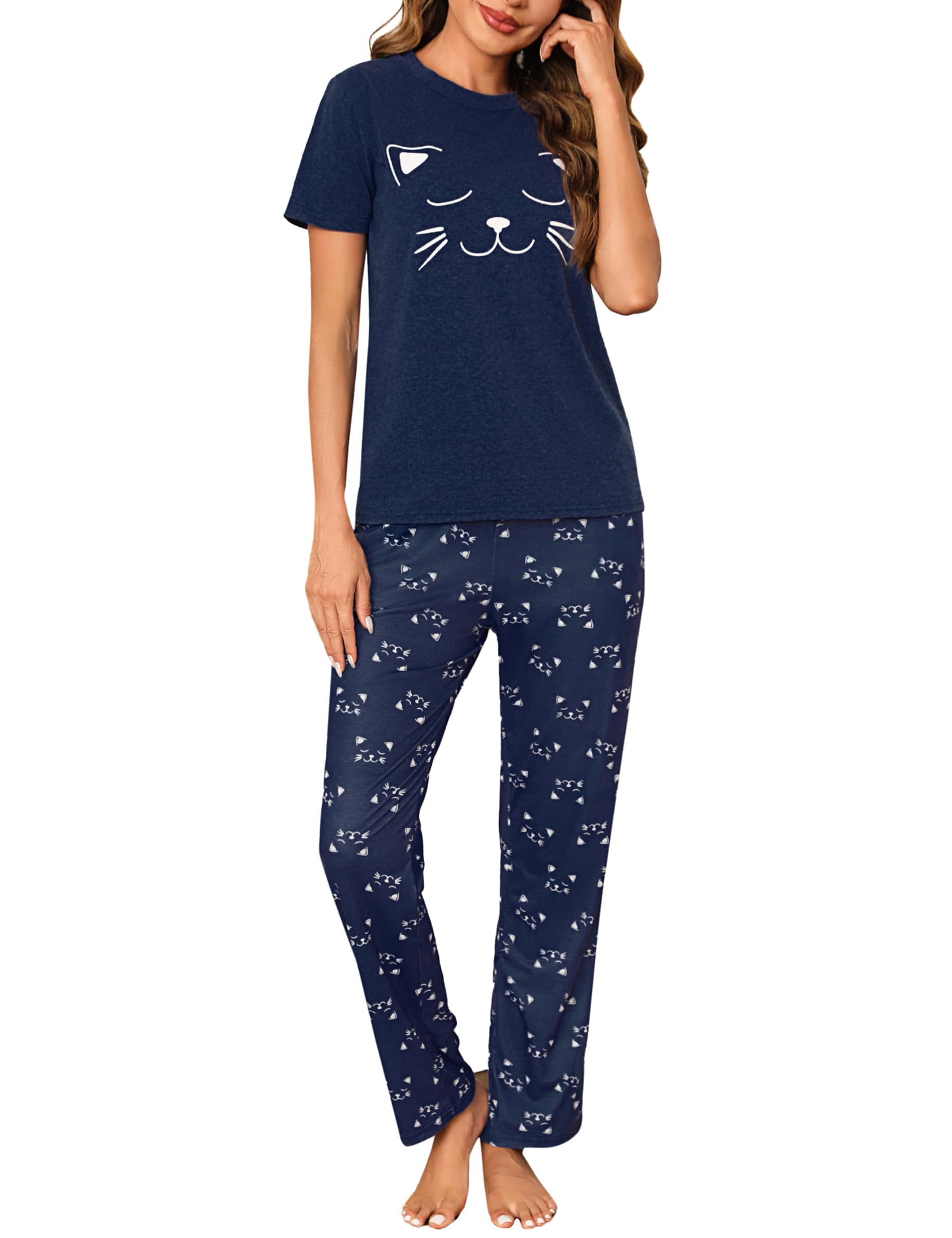 Litherday Pijama Mujer Algodón Invierno Pantalon Largo Manga Corta Ropa De Dormir Pijamas Estampados de Mujer Conjuntos de Pijama Ligero 2 Piezas S-XXL