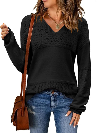Zeagoo Mujer Punto Jersey Canalé Manga Larga Cuello en V Suter Color Sólido Otoño e Invierno Elegante Casual Pullover
