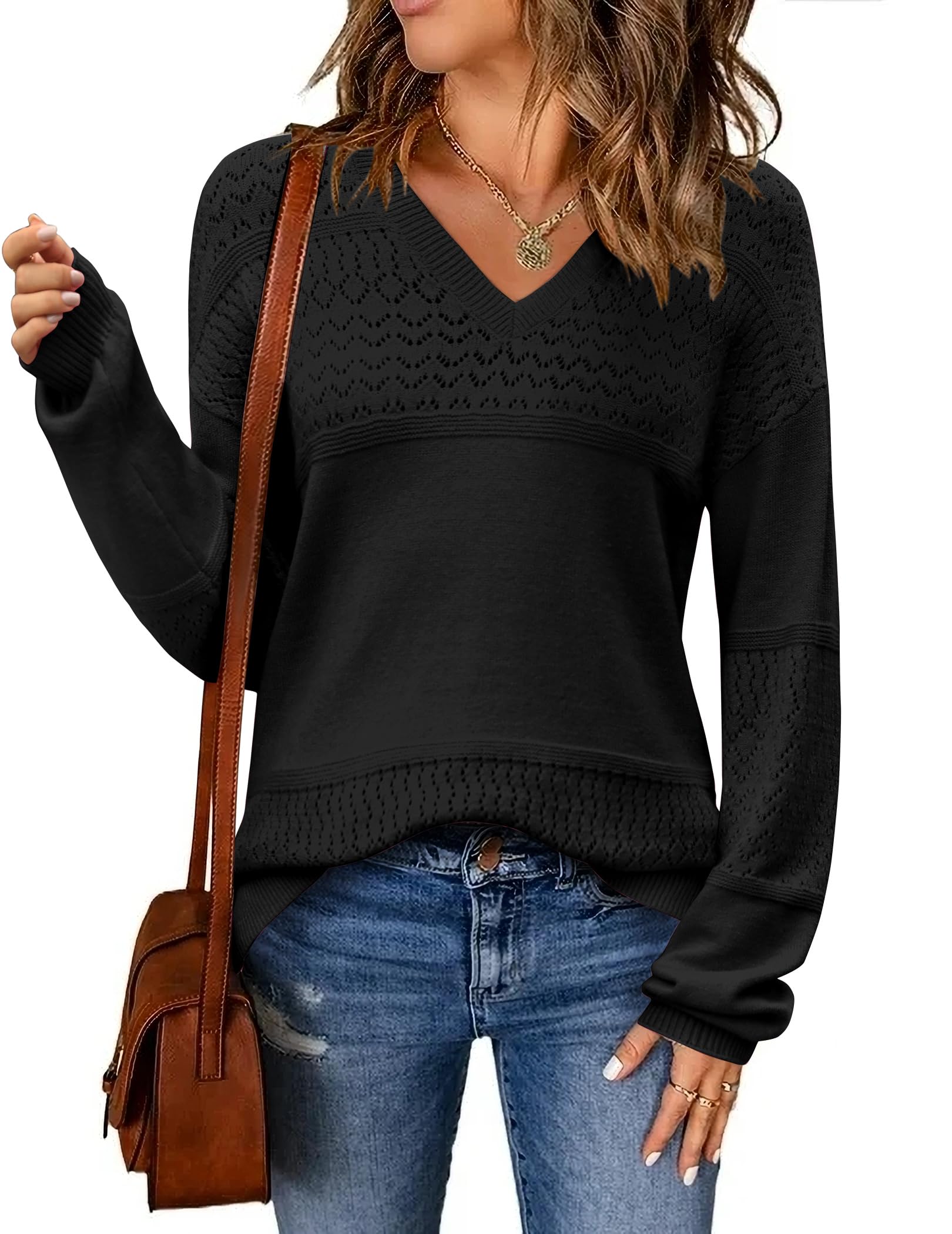 Zeagoo Mujer Punto Jersey Canalé Manga Larga Cuello en V Suter Color Sólido Otoño e Invierno Elegante Casual Pullover