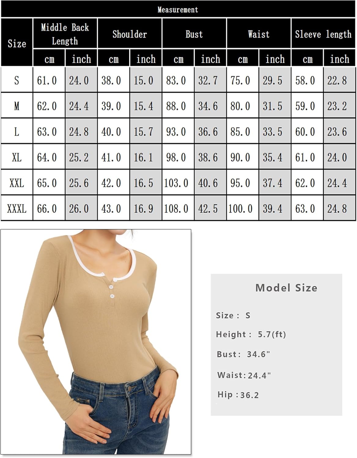 Wayleb Camiseta Manga Larga Mujer Elegante Tops Cuello Redondo con Botones Algodón Acanalada Camisetas Casual Básico Túnica Top S-3XL