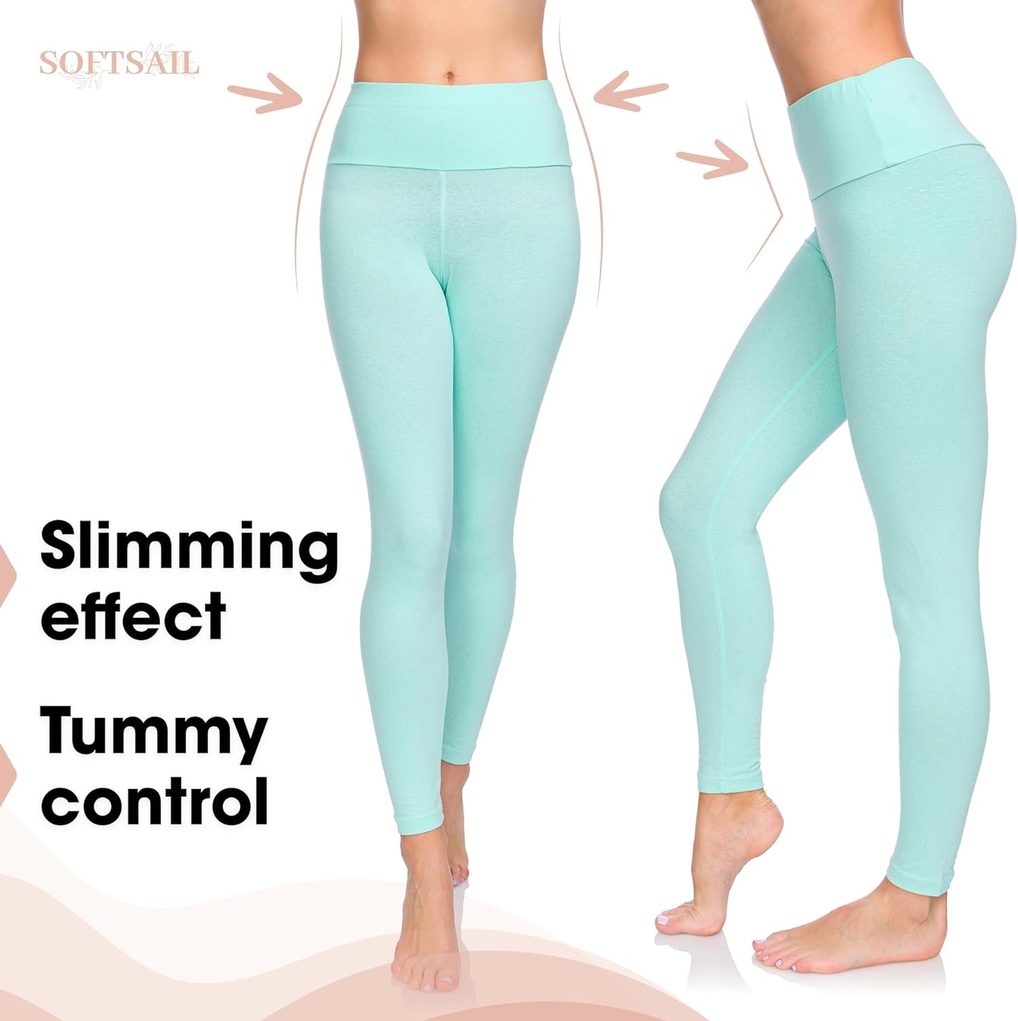 SOFTSAIL - Leggings de algodón para Mujer Cintura Alta Control del Vientre Deportes Gimnasio Fitness Pantalones elásticos para Mujer Color sólido Tallas Grandes LWP
