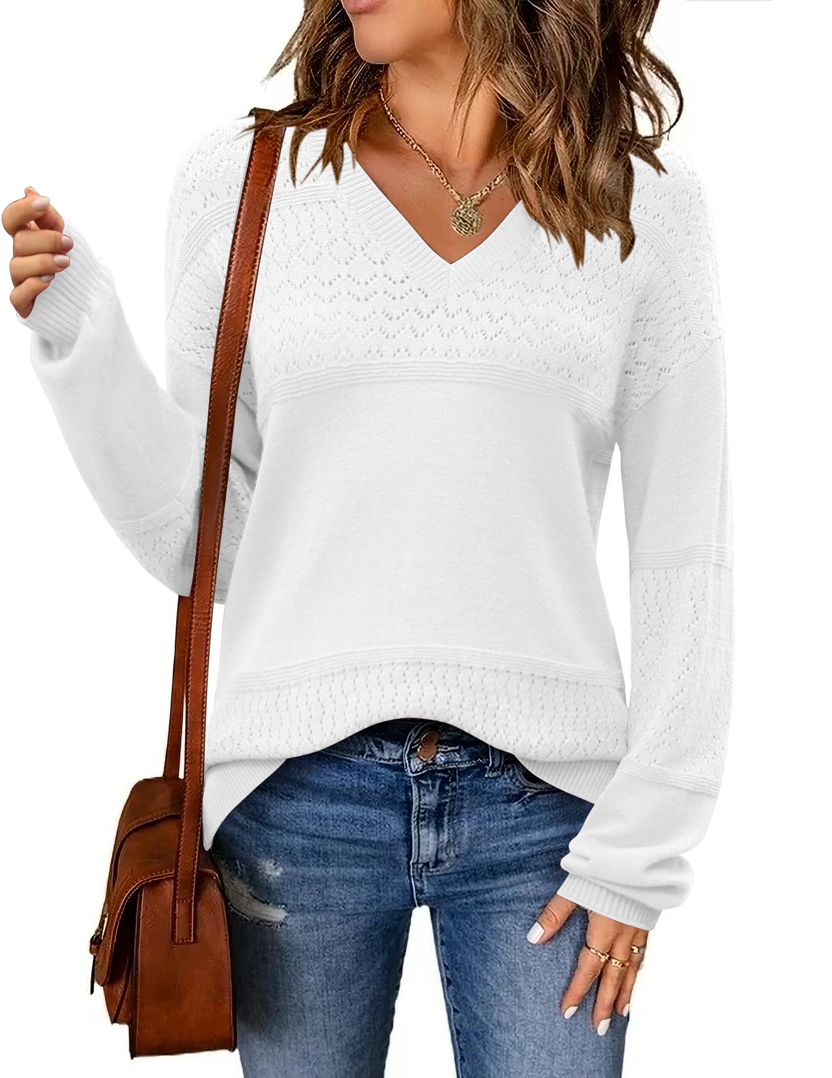 Zeagoo Mujer Punto Jersey Canalé Manga Larga Cuello en V Suter Color Sólido Otoño e Invierno Elegante Casual Pullover