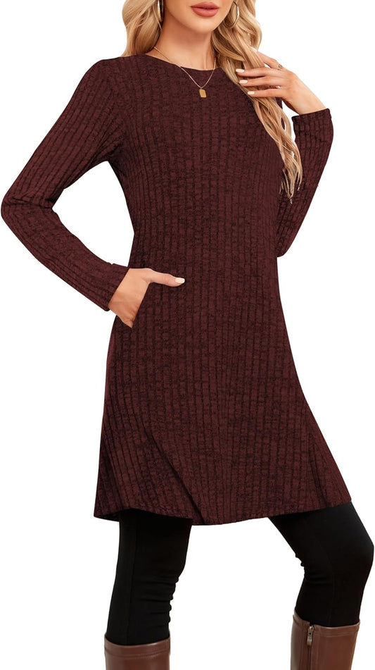 SENBATU Vestido de Manga Larga para Mujer Estilo Jersey de Invierno túnica con Botones Laterales y Bolsillos