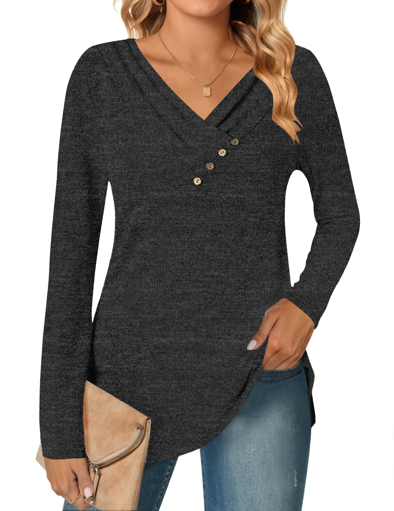 DUOEASE Camisetas de Manga Larga para Cuello en V Mujer Otoño Invierno Jersey Elegantes Básica Blusas