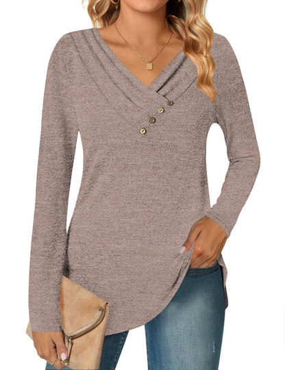 DUOEASE Camisetas de Manga Larga para Cuello en V Mujer Otoño Invierno Jersey Elegantes Básica Blusas