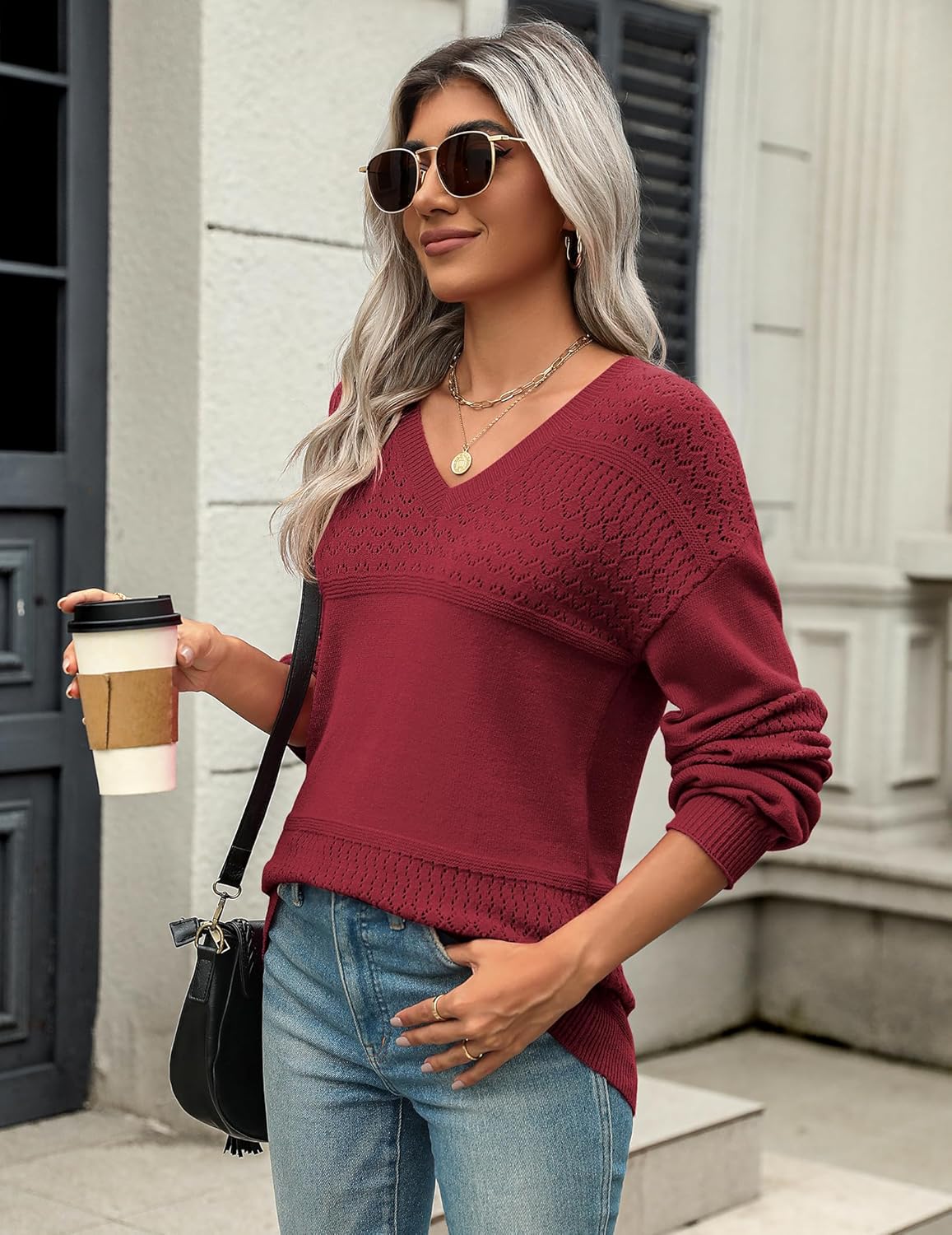Zeagoo Mujer Punto Jersey Canalé Manga Larga Cuello en V Suter Color Sólido Otoño e Invierno Elegante Casual Pullover
