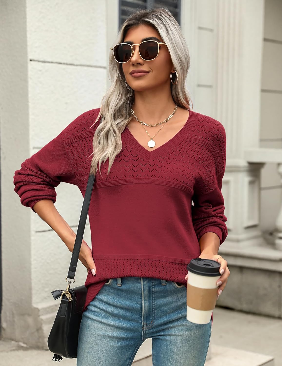 Zeagoo Mujer Punto Jersey Canalé Manga Larga Cuello en V Suter Color Sólido Otoño e Invierno Elegante Casual Pullover
