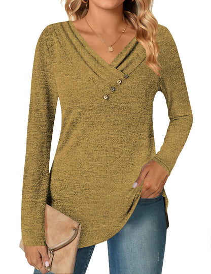 DUOEASE Camisetas de Manga Larga para Cuello en V Mujer Otoño Invierno Jersey Elegantes Básica Blusas