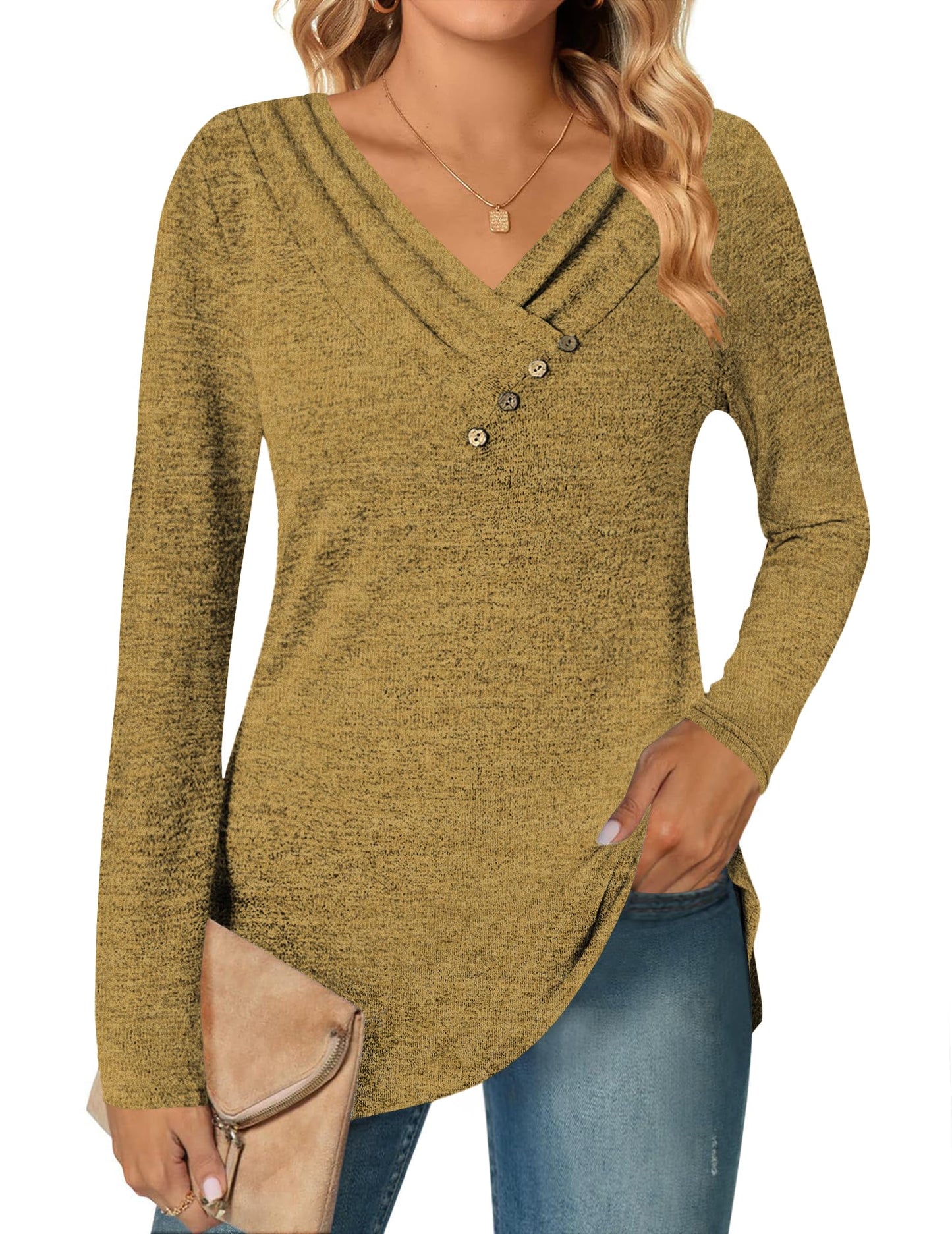 DUOEASE Camisetas de Manga Larga para Cuello en V Mujer Otoño Invierno Jersey Elegantes Básica Blusas