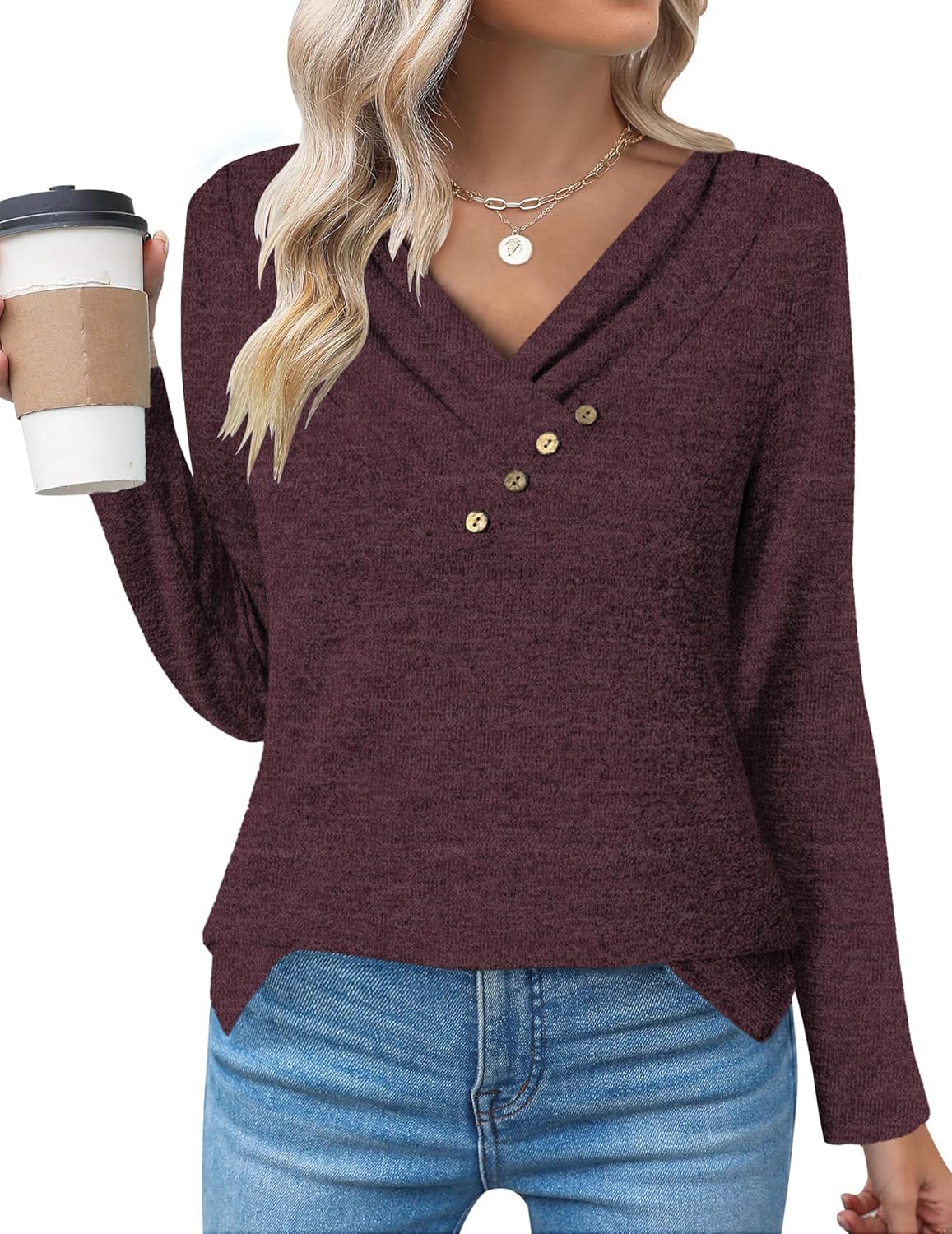 DUOEASE Camisetas de Manga Larga para Cuello en V Mujer Otoño Invierno Jersey Elegantes Básica Blusas