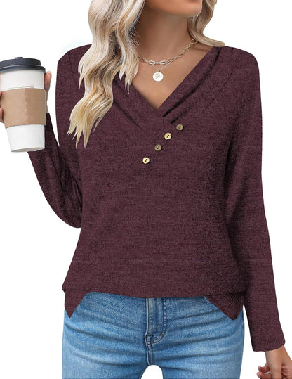 DUOEASE Camisetas de Manga Larga para Cuello en V Mujer Otoño Invierno Jersey Elegantes Básica Blusas