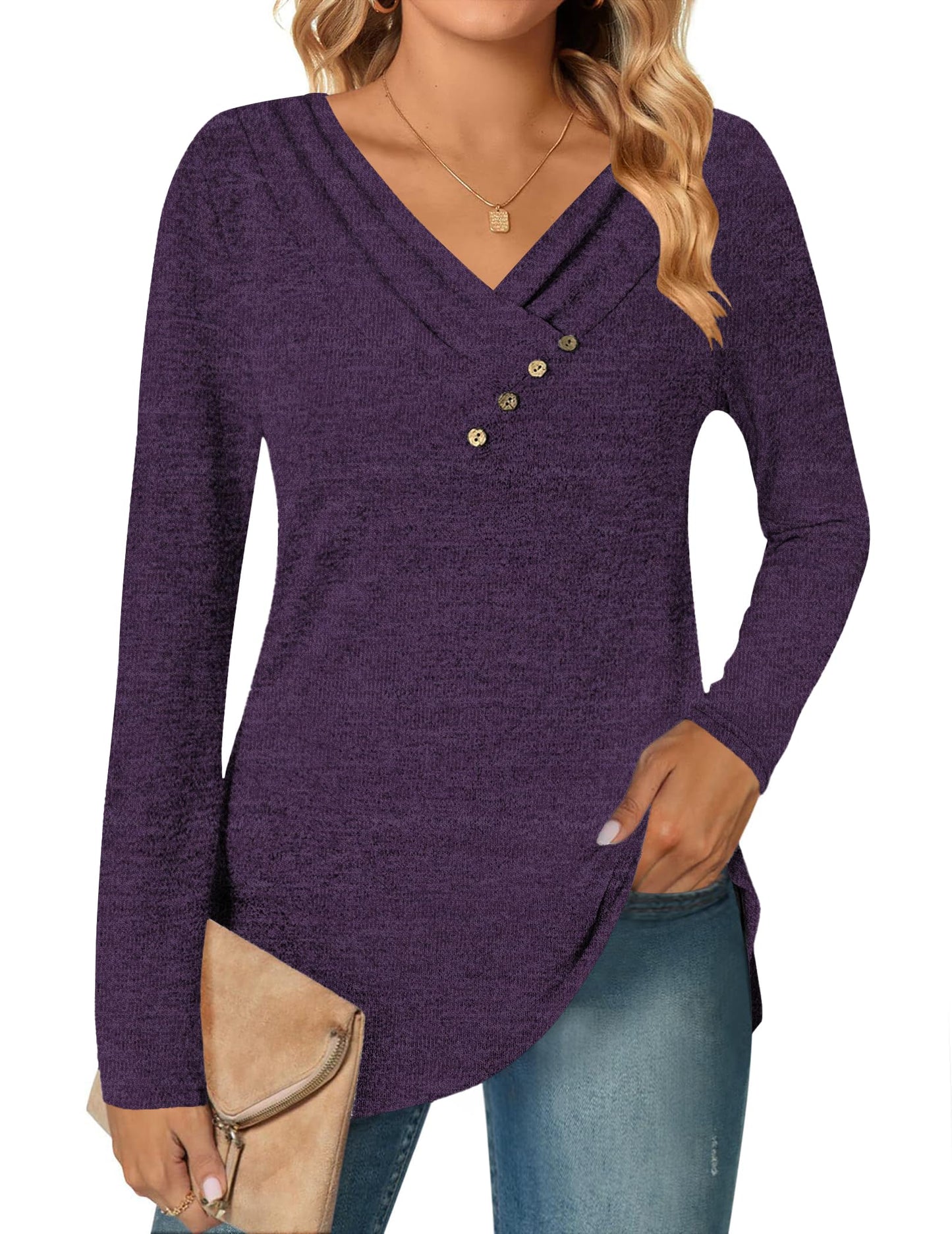 DUOEASE Camisetas de Manga Larga para Cuello en V Mujer Otoño Invierno Jersey Elegantes Básica Blusas