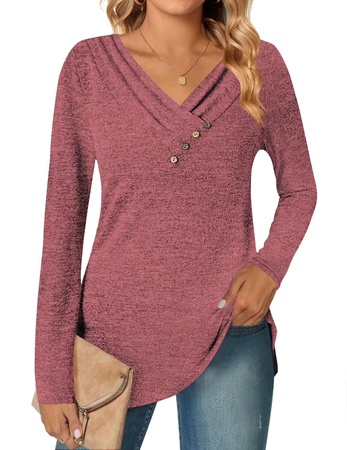DUOEASE Camisetas de Manga Larga para Cuello en V Mujer Otoño Invierno Jersey Elegantes Básica Blusas