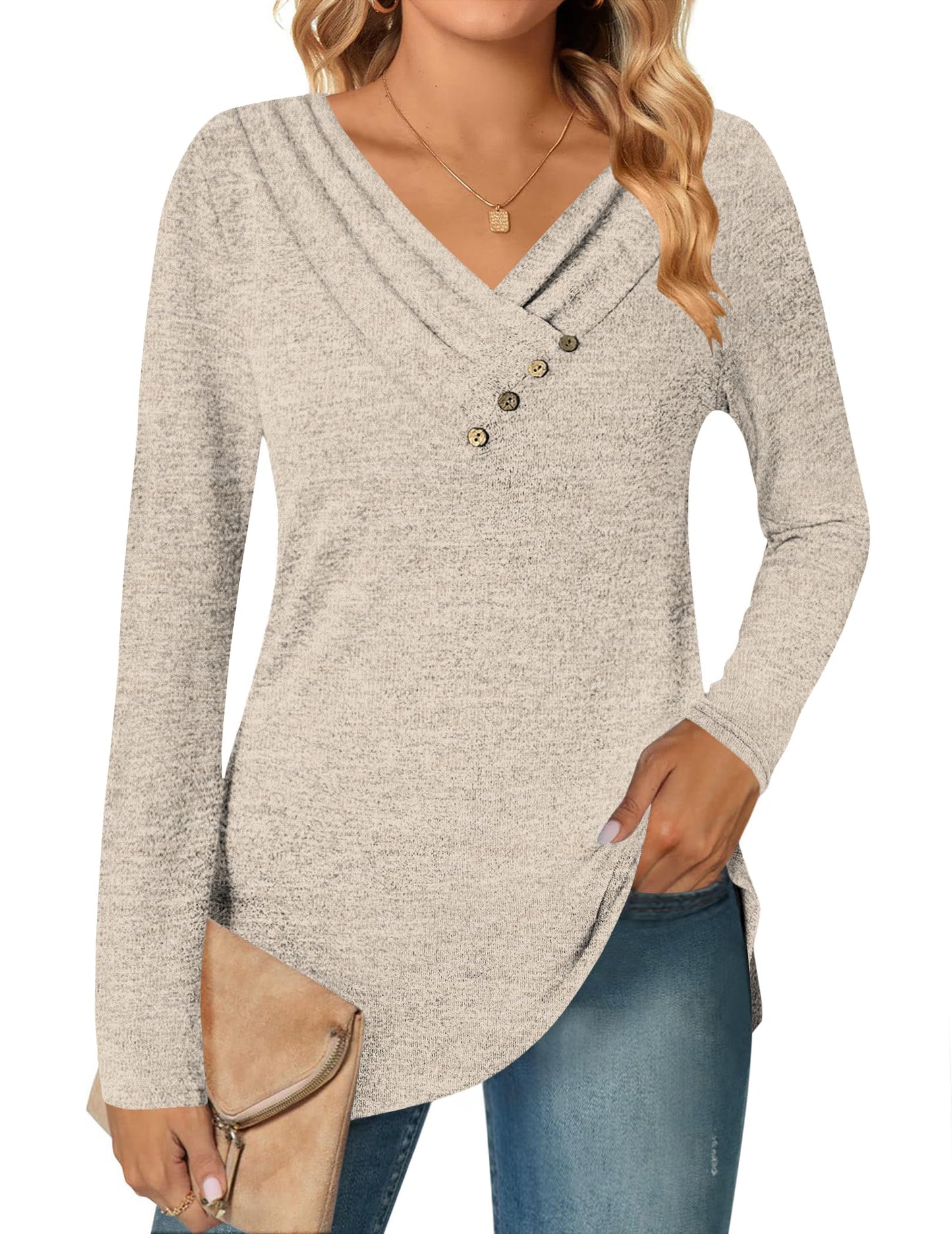 DUOEASE Camisetas de Manga Larga para Cuello en V Mujer Otoño Invierno Jersey Elegantes Básica Blusas