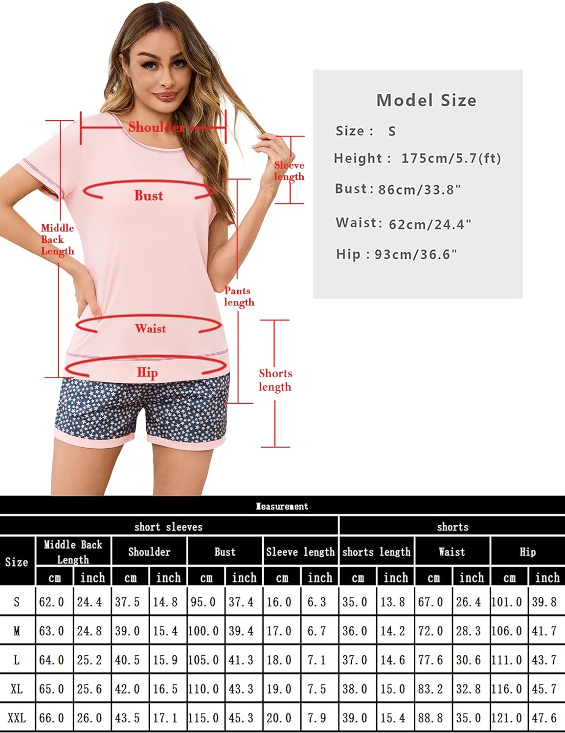 Litherday Pijama Mujer Verano Manga Corta Algodón Pijamas Mujer Sexy Talla Grande Ropa para Dormir con Bolsillos y cordón S-XXL