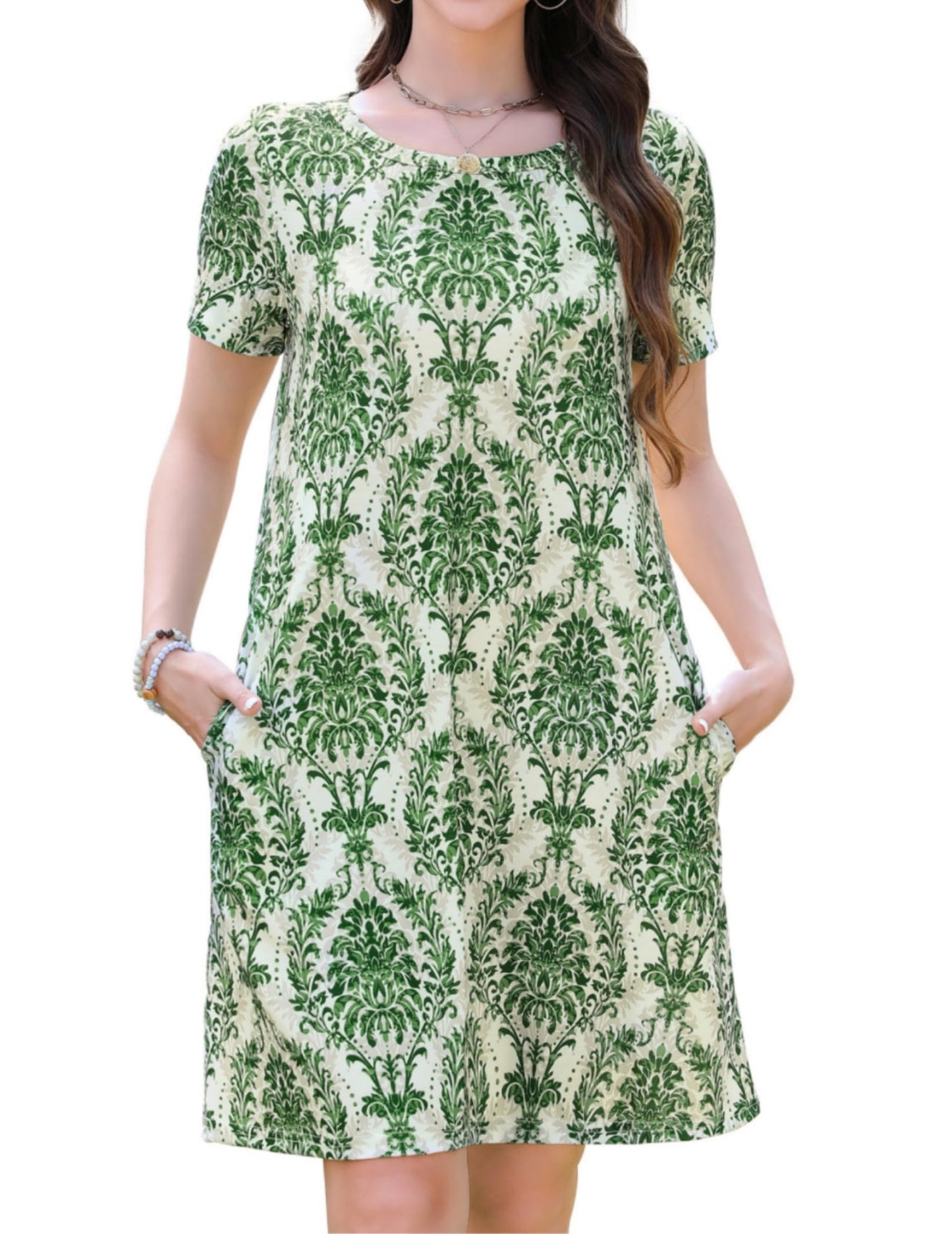 Zeagoo T Shirt Vestidos Señoras con Bolsillos Luz Airy Playa Vestido Cuello Redondo Manga Corta Rodilla Longitud Básica-Vestidos Ejército