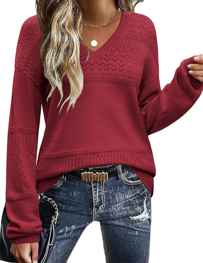 Zeagoo Mujer Punto Jersey Canalé Manga Larga Cuello en V Suter Color Sólido Otoño e Invierno Elegante Casual Pullover