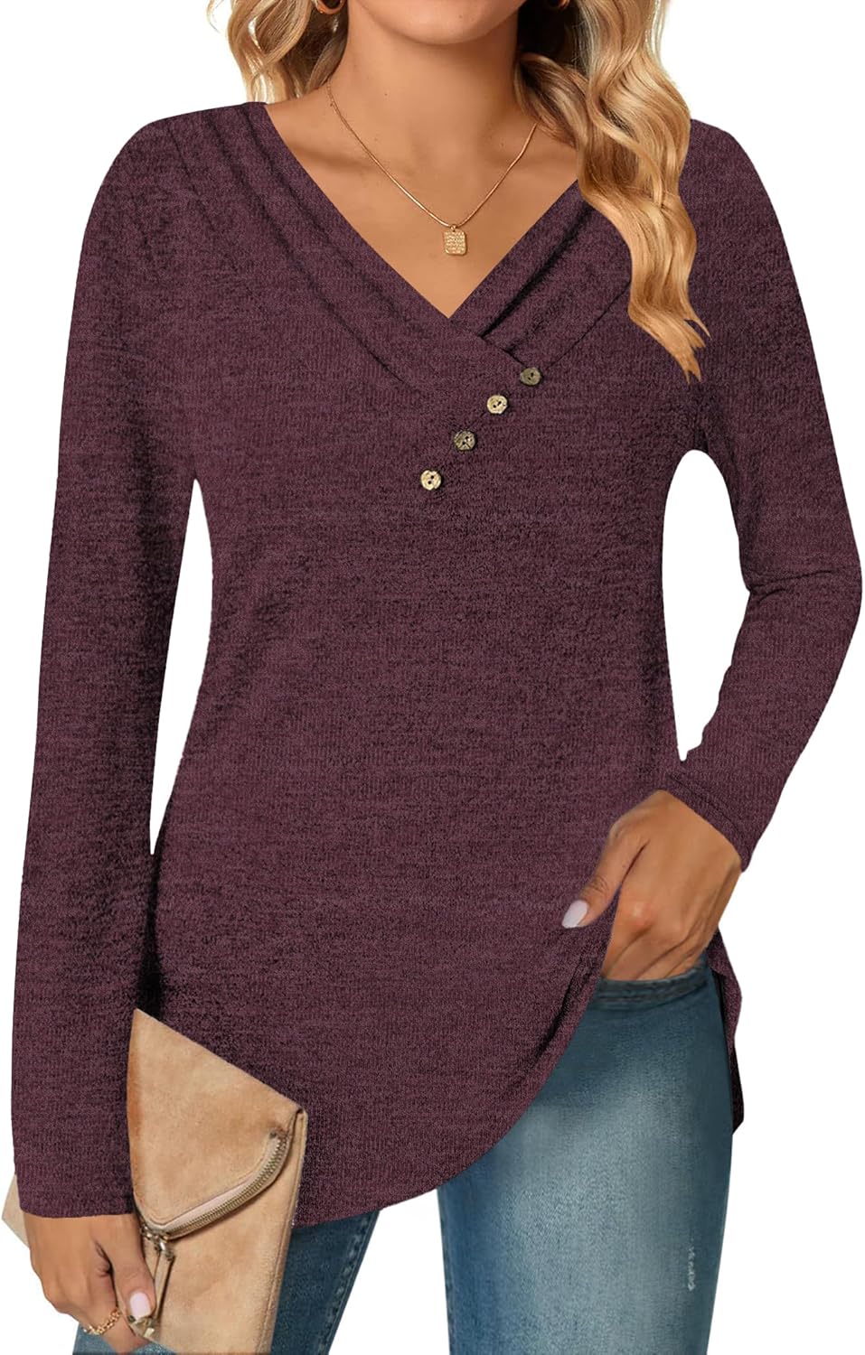 DUOEASE Camisetas de Manga Larga para Cuello en V Mujer Otoño Invierno Jersey Elegantes Básica Blusas