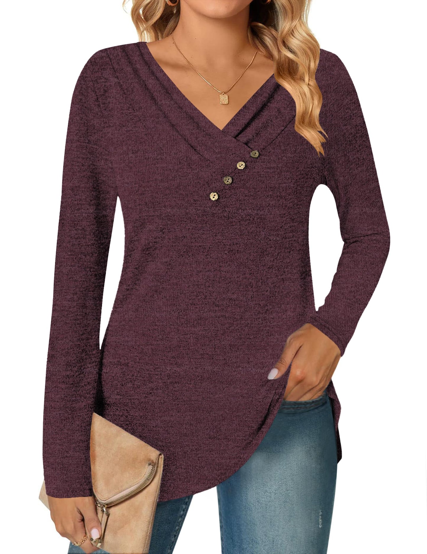 DUOEASE Camisetas de Manga Larga para Cuello en V Mujer Otoño Invierno Jersey Elegantes Básica Blusas