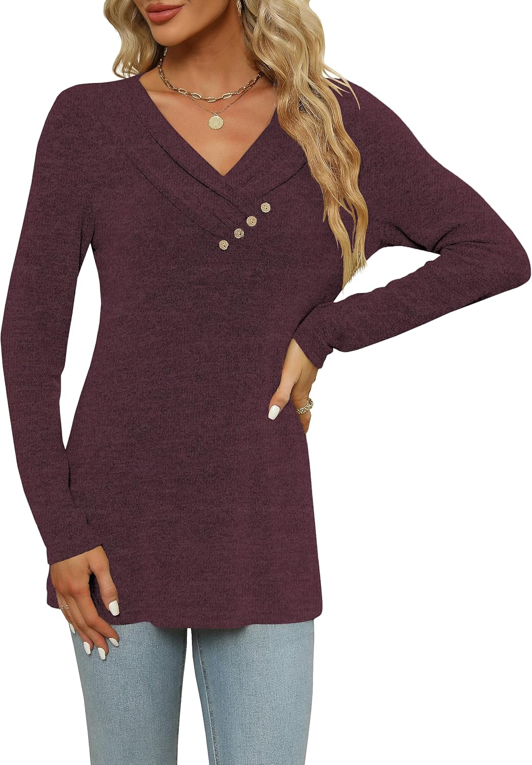 DUOEASE Camisetas de Manga Larga para Cuello en V Mujer Otoño Invierno Jersey Elegantes Básica Blusas