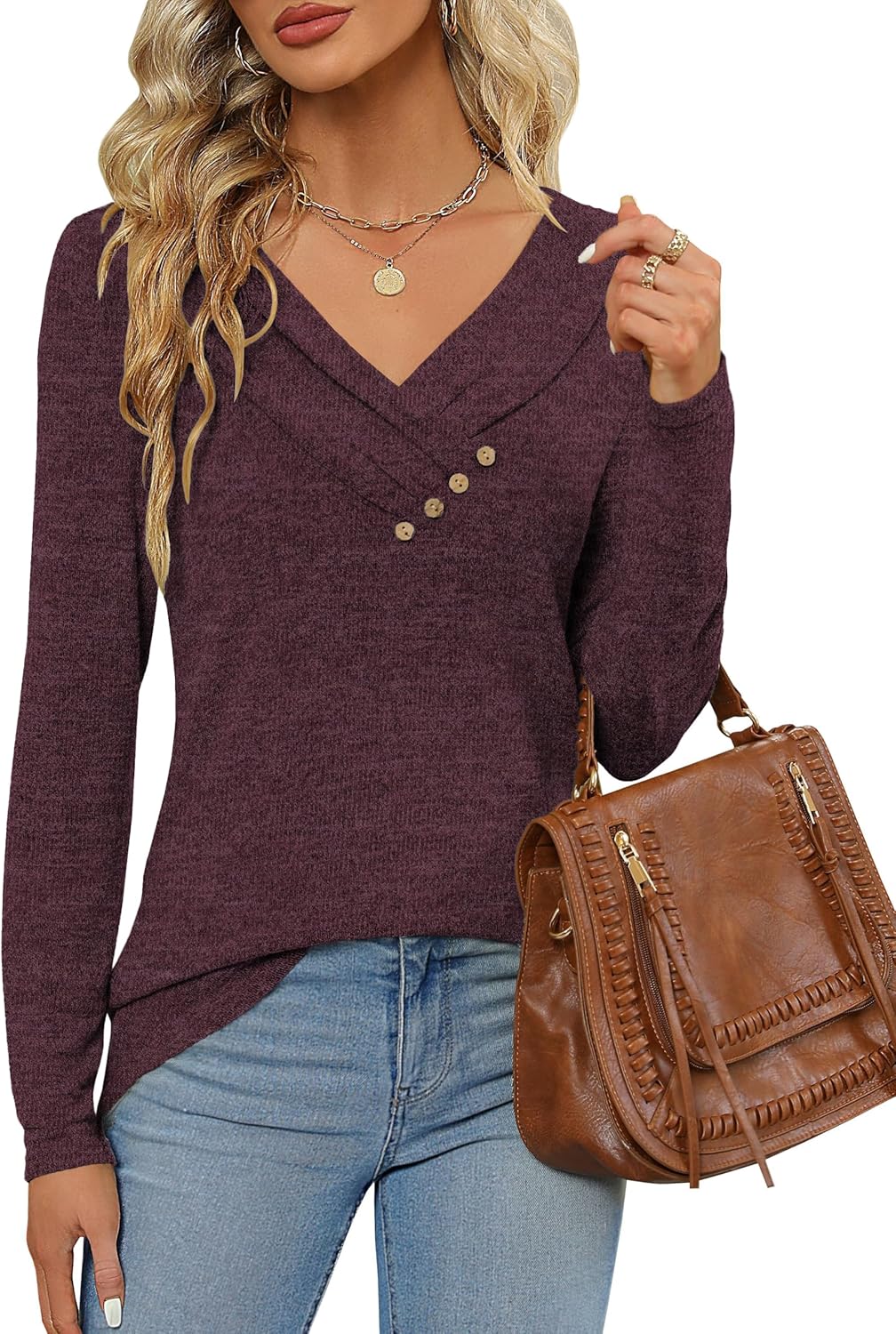 DUOEASE Camisetas de Manga Larga para Cuello en V Mujer Otoño Invierno Jersey Elegantes Básica Blusas