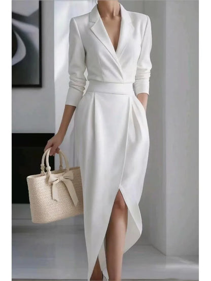 Vestido elegante — diseño moderno de otoño y invierno, cuello tipo blazer, manga larga, corte ajustado y bajo irregular. ✨👗