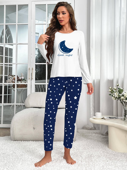 Pijama con estampado de estrellas, manga larga con cuello redondo y pantalones con cintura elástica