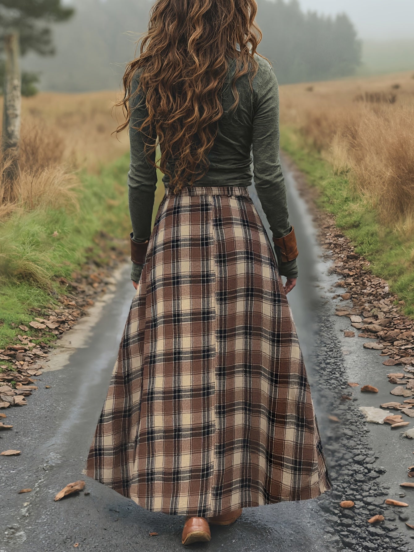 Falda larga de mujer con diseño de cuadros marrón y beige – Tejido fluido, elegante y versátil