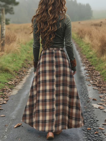 Falda larga de mujer con diseño de cuadros marrón y beige – Tejido fluido, elegante y versátil
